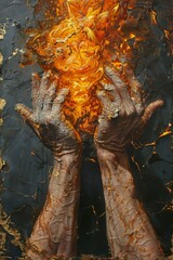 Hands of a man in a fire on a dark background