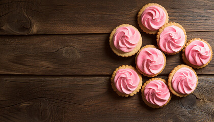 Freshly baked sugar cookies with pink frosting on wooden table. Tasty food. Delicious snack.