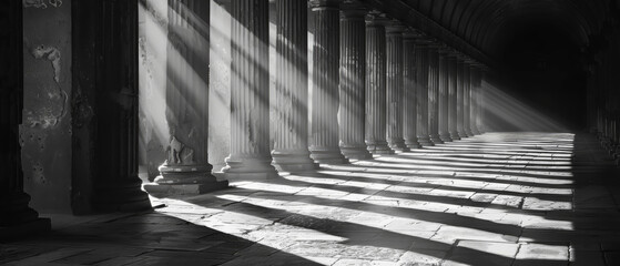 Naklejka premium A long hallway with pillars and a sunbeam shining on the floor
