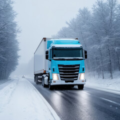 Fototapeta na wymiar A freight transportation truck on the road during a snowstorm blizzard. Generated with AI