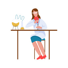 Chemist holding test tube for chemical experiment in laboratory, woman in safety glasses sitting at table vector illustration