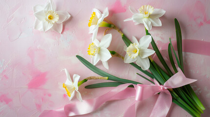 Beautiful narcissus flowers with pink ribbon and envelope