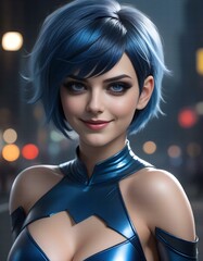  rendering of a beautiful woman with blue hair in futuristic costume
