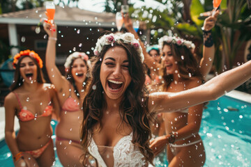 Bride with bridesmaids in bikinies having fun and celebrating bachelorette party by a pool