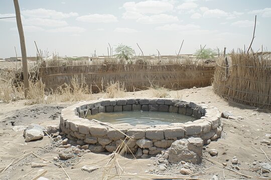 A well in the middle of a desert surrounded by a fence made of straw