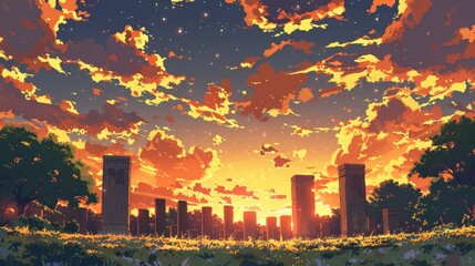 An illustration of a beautiful sunset over a field of flowers. The sky is a gradient of orange and yellow, with a few clouds dotting the sky. The sun is setting behind a row of tall buildings, and the