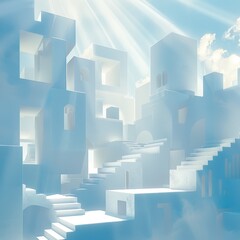 An illustration of a bright, white city in the sky with stairs leading up to it.