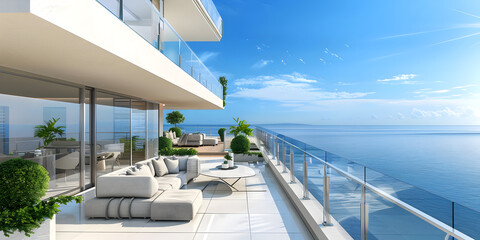 Luxury living room with sea view 3D rendering. 