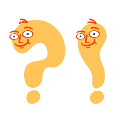 Question and exclamation marks with cute cartoon face. Vector illustration isolated on white.