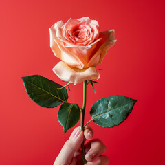 A hand holding a beautiful rose in front of a red background.