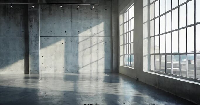 Sunlight streaming through a window in an empty modern interior with a concrete wall
