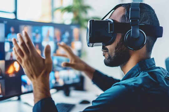 Startup executive hosting a virtual meeting in the metaverse. showcasing a new business strategy in a digital conference room.