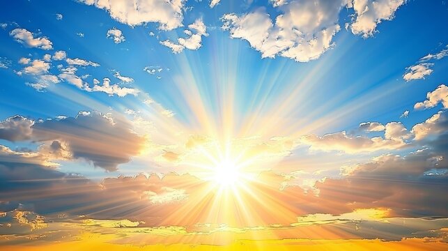 Bright sun rays shining through fluffy clouds