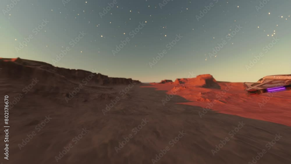 Poster spaceships flying over planet mars surface