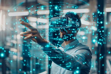 Startup executive hosting a virtual meeting in the metaverse. showcasing a new business strategy in a digital conference room.