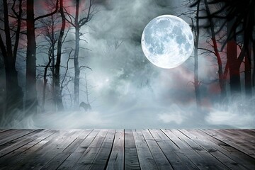 Wooden floor in the forest with full moon,  Halloween background