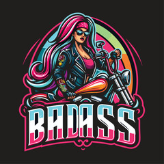 Obraz premium Badass colorful biker girl logo vector illustration