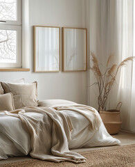 Serene Bedroom Interior with Neutral Tones. Elegant bedroom with beige bedding, wooden frames on wall, natural light, and woven basket with dried plants.
