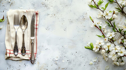 Beautiful table serving with cutlery blooming tree branch