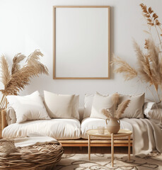 Warm and inviting bohemian style living room featuring a rattan sofa, fluffy cushions, and an assortment of pampas grass in natural tones.