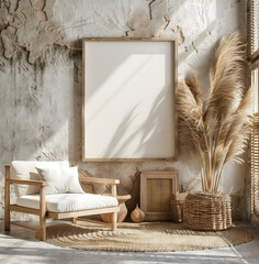 Styled bohemian chic interior featuring a wooden armchair with plush cushions, natural textures, and a large decorative pampas grass arrangement.