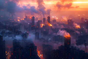 Minimalist Time-lapse of Polluted City Skyline at Dramatic Sunset with Cinematic Atmosphere and 3D Rendering