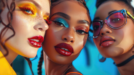 Closeup of three diverse models with colorful makeup, each showcasing different styles and looks against an urban backdrop, capturing the essence of diversity in beauty and fashion