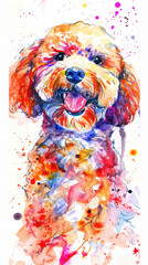 a colorful watercolor portrait of a happy Poodle Dog with its tongue out ,minimalist