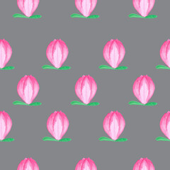 magnolia bud pink color with green leaves seamless pattern watercolor illustration isolated on gray background base for textile tableware design.