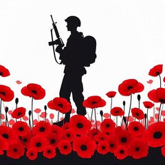 Fototapeta premium Memorial Day, Veterans Day Vector illustration silhouette of a soldier with red poppies for Memorial Day with space for copy for social media template banner, poster created with generative ai 