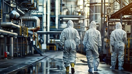 Workers in protective suits at a chemical plant . Concept Chemical Plant, Protective Suits, Workers, Safety Measures, Industry Environment