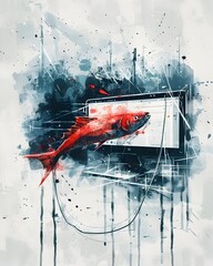 Vibrant Watercolor Depiction of a Cautionary Digital Tale with Captivating Aquatic Imagery