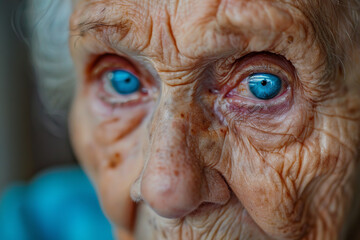 An elderly woman with striking blue eyes shares stories of her youth - her eyes reflecting the wisdom and experiences of a lifetime