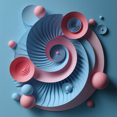 Serene blue background adorned with an eclectic array of pink and blue circles and spirals, varying in size and pattern, evoking a sense of dynamic harmony and fluidity.