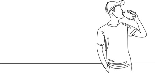continuous single line drawing of man drinking from soda can, line art vector illustration