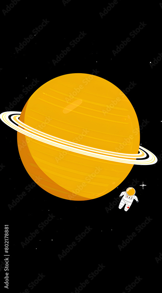Poster a yellow planet with a man in a spacesuit flying around it. the man is wearing a white suit and is l