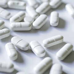 white pills and capsules on white background
