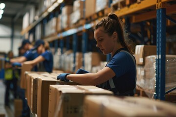 Warehouse team sorting products for distribution. ensuring timely delivery. reflecting efficient logistics and supply chain management.