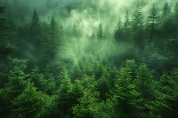 Foggy morning in the coniferous forest, natural background