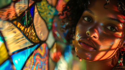 Fototapeta premium A young lady gazes confidently at the camera, framed by the vibrant colors and intricate patterns of a stained glass window in soft morning light.