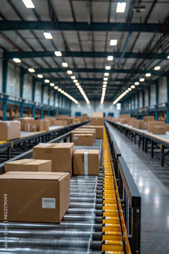 Poster efficient operation of warehouse with conveyor belt system for sorting and moving packages.