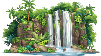 Cascading waterfalls in a lush green place isolated on a transparent background