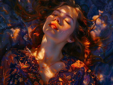 Capturing the ethereal essence of time suspended, a woman reclines on a bed beneath streaks of starlight, her figure bathed in a cosmic glow, embodying the serenity of nocturnal dreams.