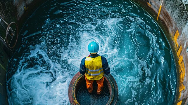 Water Safety Inspection. A safety inspector checks the security features of a large water reservoir. ensuring compliance with environmental and safety standards.