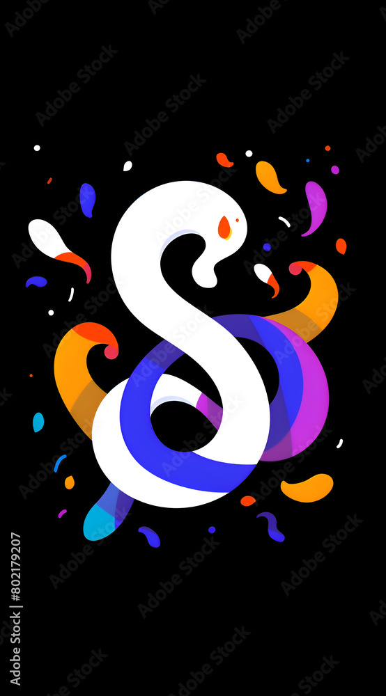 Aufkleber a colorful drawing of a snake with a white head and a pink tail. the snake is surrounded by a lot of