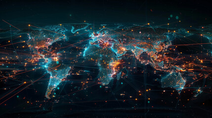 Interactive digital map displaying real-time global communication links and data flow