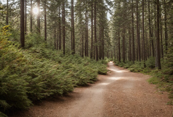 Naklejka premium A serene pathway in the forest with pine cones scattered along the way. AI generated.