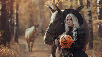 Beautiful woman dressed for Halloween with horse 