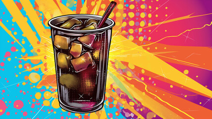 Wow pop art iced cola. Colorful background in pop art retro comic style. Summer concept pop art	