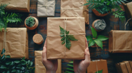 Hands showcasing eco-friendly packaging materials made of sustainable cardboard and plant-based plastics.
